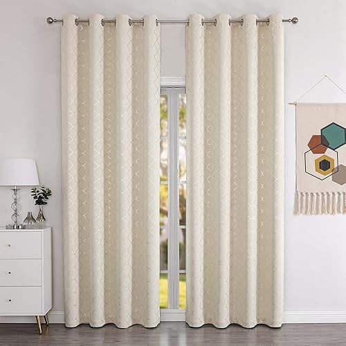 Miniatura 2 de Enactex Cortinas 100% opacas completas de 63 pulgadas de largo, con aislamiento térmico, color beige, con patrón geométrico plateado metálico,