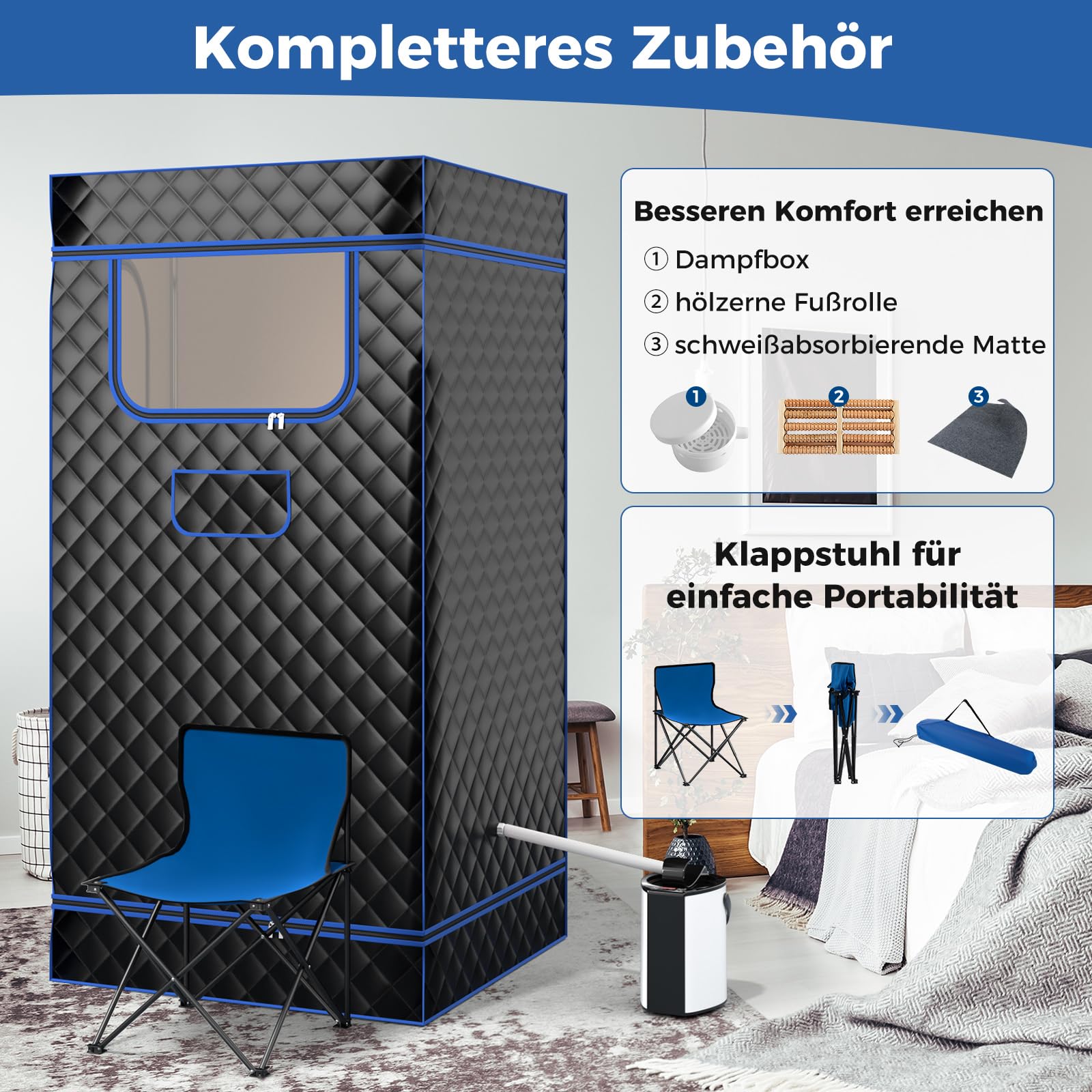 COSTWAY Dampfsauna Heimsauna für Zuhause, Ganzkörpersaunabox mit Dampfgenerator, Fernbedienung, Fußmassagegerät & Klappstuhl, tragbare Saunazelt