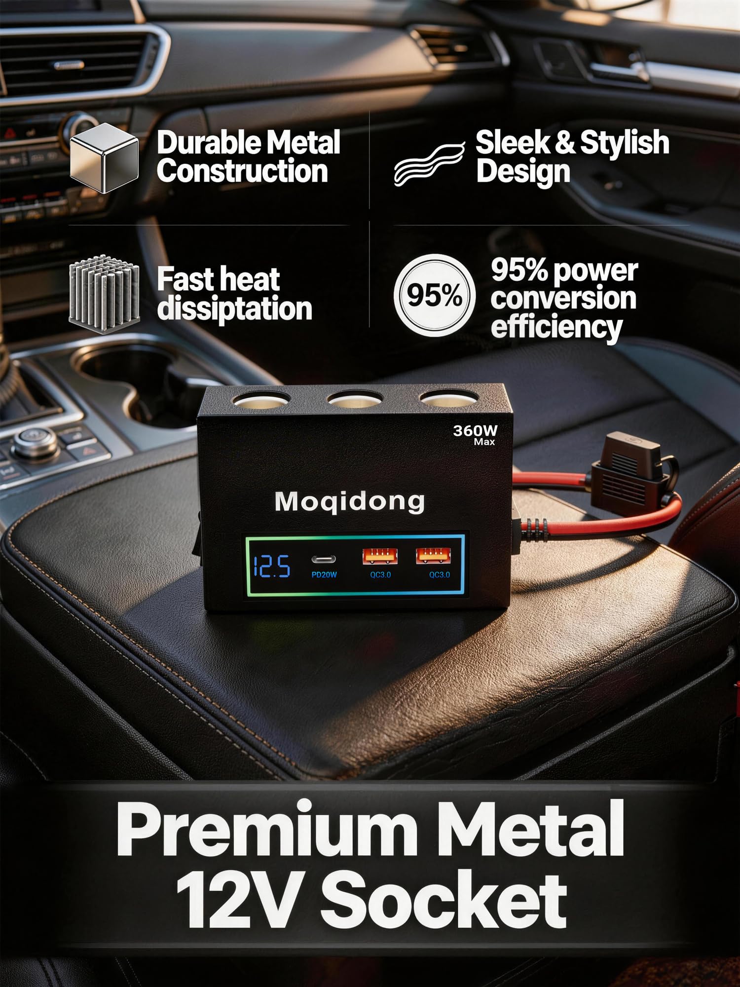 Presa Accendisigari Auto 12V/24V, 3 Uscite 360W, 2 Porte USB QC3.0, Cavo 2m con Interruttore