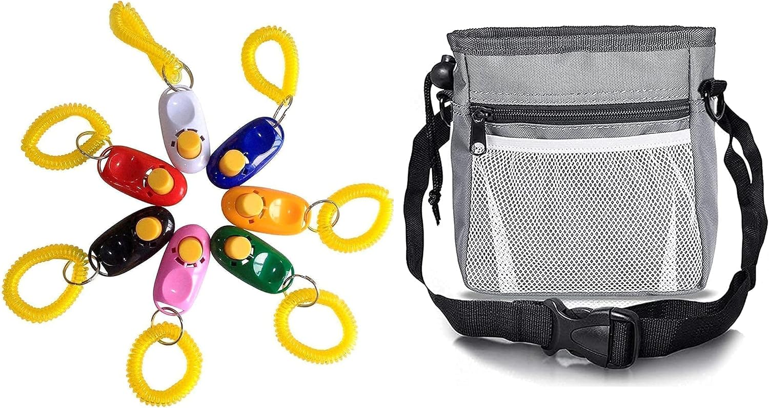 SunGrow Saver Bundle Pack - 7 Dog Clickers + Dog Treat Training Pouch