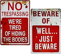 Wonderwin 2 Pack 8x12 Retro Metal Signs - Beware of Well Just Beware & No Trespassing Vintage Halloween Yard Bar Decor Indoor Outdoor