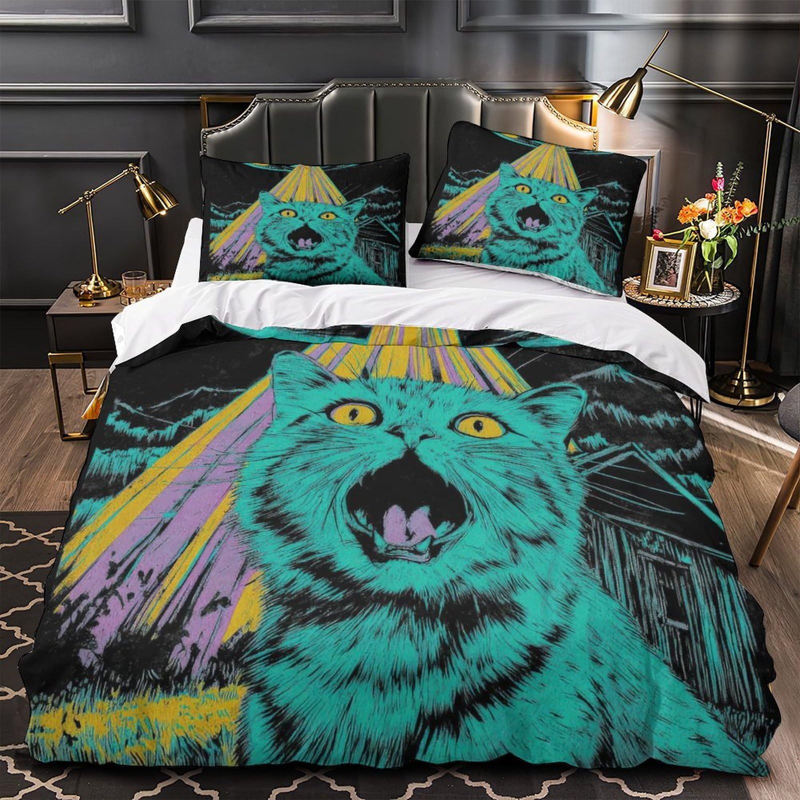 MMDASBVPE Alien Cat Quilt Cover 3D Print Premium 3 Pieces Bed Set Hidden Zipper Psychedelic Duvet Cover Ultra Soft All Season for Adults Kids Teens Women Youth Teenagers King（220x240cm）