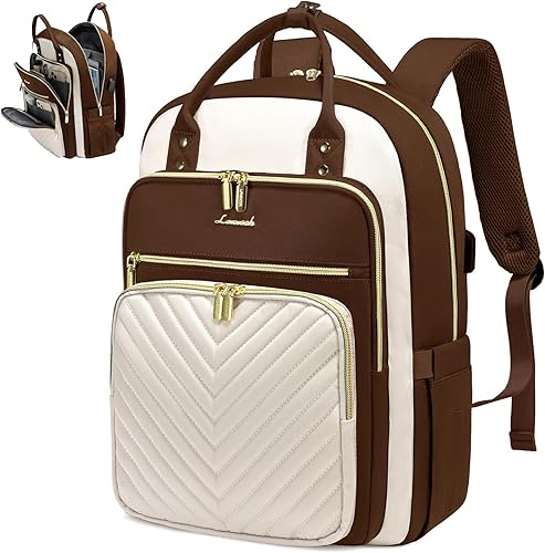 LOVEVOOK Mochila para laptop para mujer, mochila de trabajo de moda con puerto USB, mochilas impermeables para el trabajo., Marrón -beige, Moda