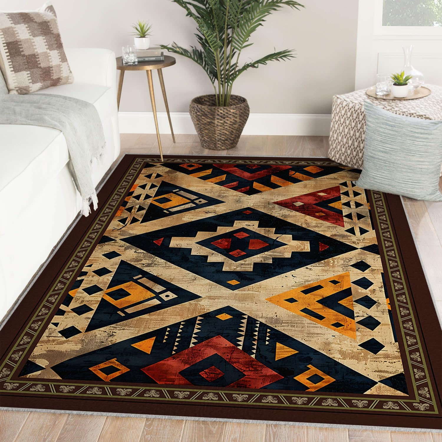 Rustykalne dywany podłogowe z południowo-zachodnich Azteków 90 x 150 cm, rodowity amerykański plemienny, geometryczny, cienki, składany, płaski, odporny na plamy, duży, antypoślizgowy, do