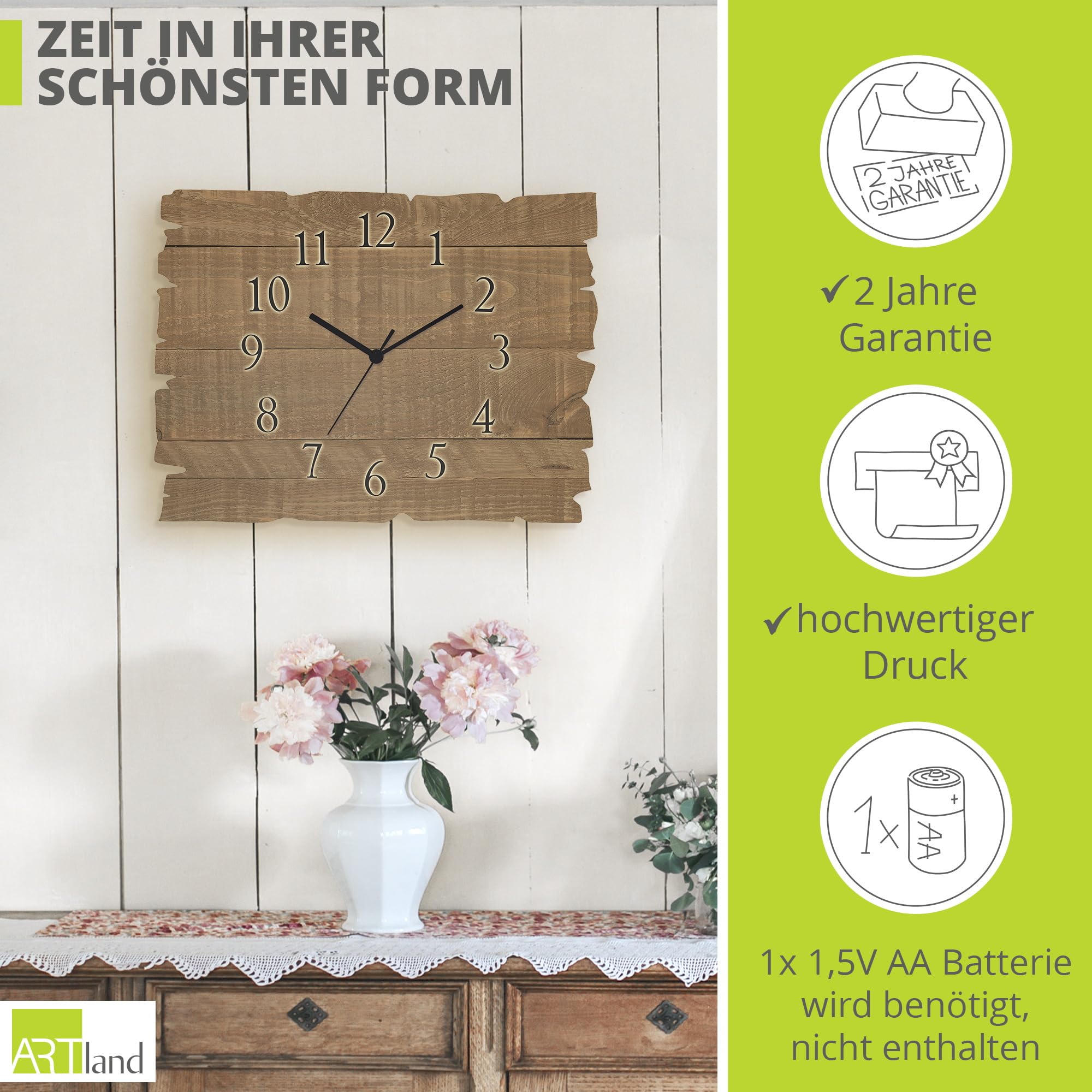 ARTLAND Wanddeko Wanduhr ohne Tickgeräusche aus Holz Funk Uhr lautlos 40x30 cm Rechteckig Muster Rustikal Landhausstil Braun U1UL