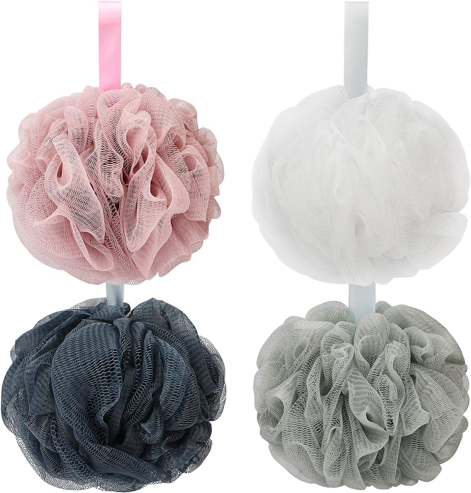 DadyMart Bath Shower Loofah Sponge 75g Bath Mesh Pouf Shower Ball Body Scrubber Exfoliating Bath Sponge for Women and Men, Set of 4, Drak Grey-Pink-Grey-White
