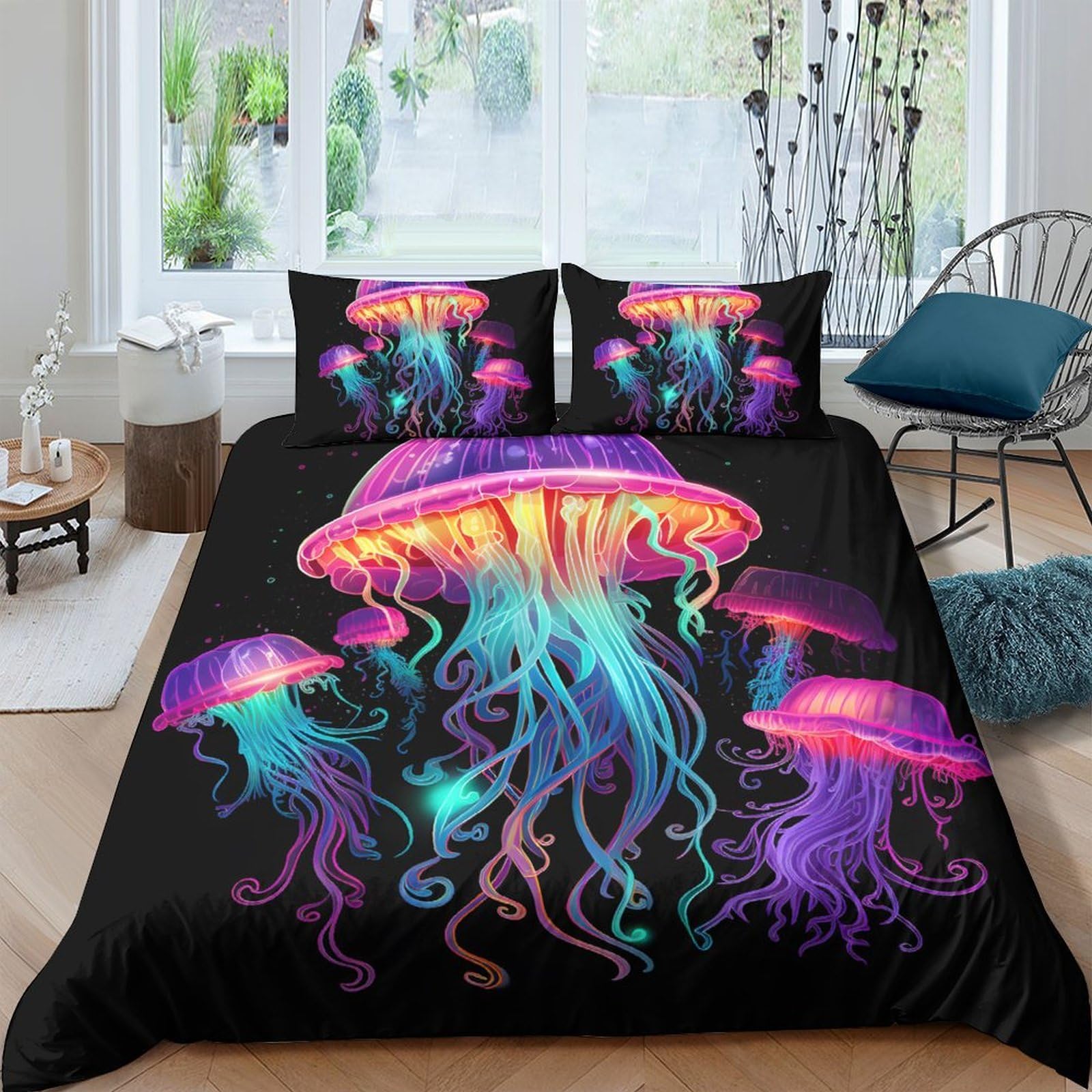 Ctjqhvkz Style-4 3D Printed Neon Jellyfish Fitted Sheet Microfiber Soft Decor Mattress Cover For Bedroom Guest Room Dorm Single（135X200cm）