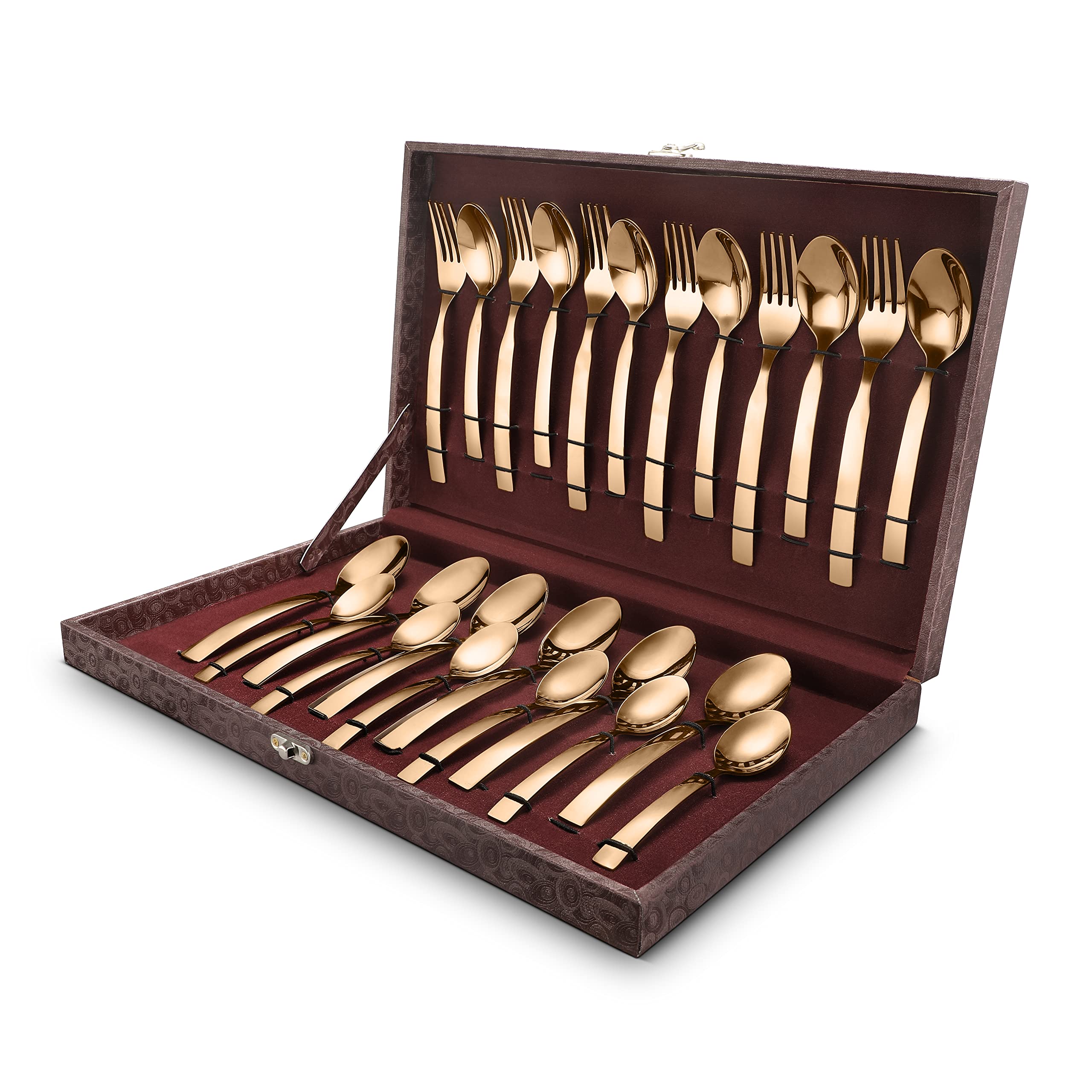 FnS Allie 24 pcs Stainless Steel Rose Gold Cutlery Set with Leatherette Box (6 Dinner Spoon, 6 Dinner Forks, 6 Teaspoon, 6 Baby Spoons)
