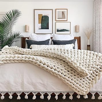 Chunky Knit Throw Blanket 31x31in, Giant Handmade Blanket Soft Thicker Knitted Blanket for Home Bed Sofa Decoration, Soft Cozy Chenille Yarn Knitted Blanket