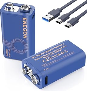 ENEGON 2 Pack 9V Rechargeable Batteries 1350mAh with 2-in-1 USB-C Cable Charger for Portable Multimeters, Smoke Detectors Walkie-Talkie and Wireless Microphones High Capacity