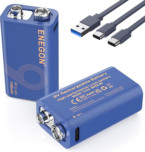 ENEGON paquet de 2 9V Batteries rechargeables 1350mAh avec 2-in-1 USB-C Chargeur de câble pour multimètres portables, détecteurs de fumée Walkie-Talkie et micros sans fil Haute capacité