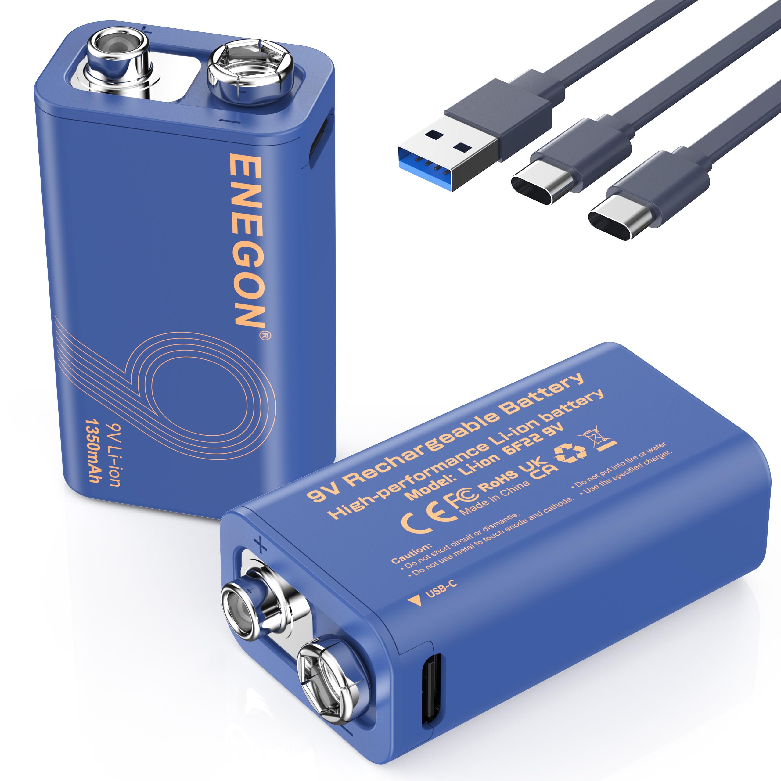 ENEGON 2 Paquetes Batería Recargable 9V 5000mWh (1350mAh) con Carga Type-C, Carga Completa en 3 Horas, Indicador LED, Batería Li-Ion de Alta Capacidad para Detectores de Humo, Timbres y más