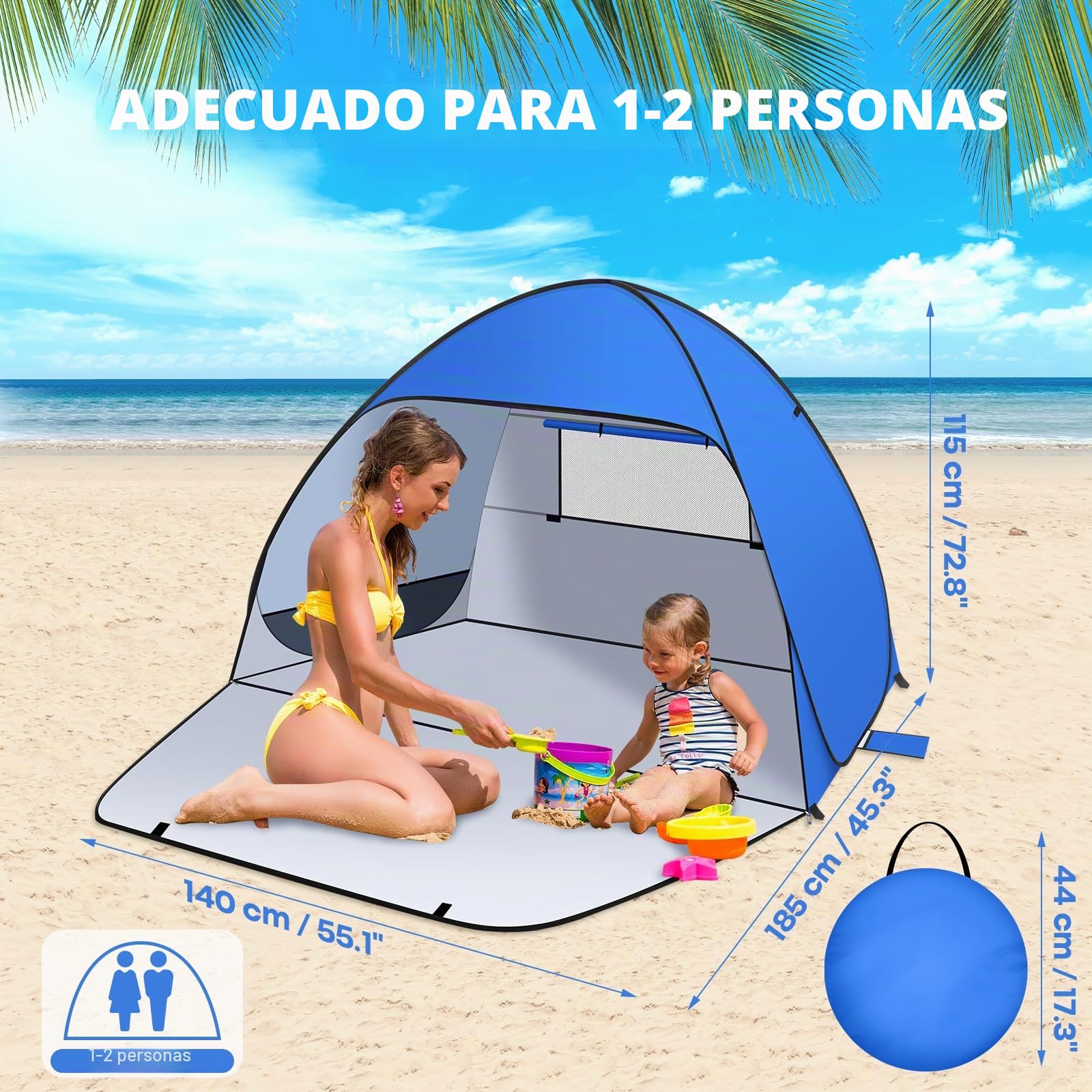 Tienda de Playa Pop Up 1-3 Personas Anti-UV Protección Solar UPF 50 Automática Portátil