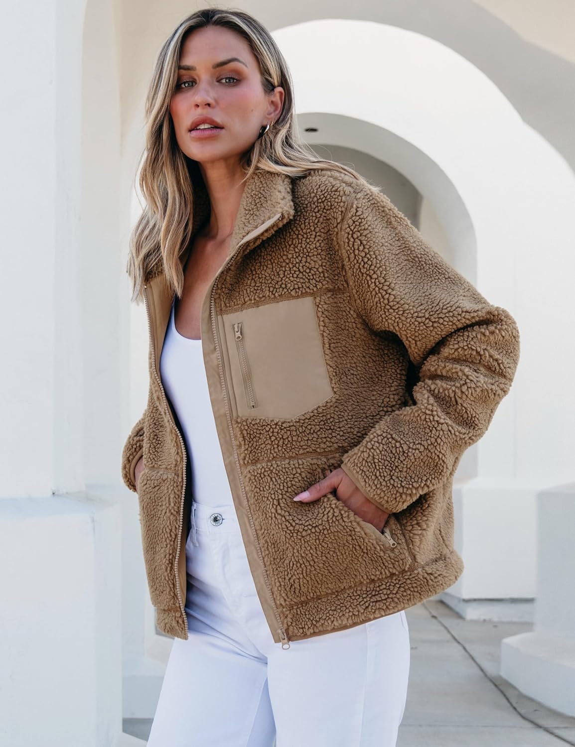 luvamia Sherpa Jackets for Women Trendy Zip Up Long Sleeve Winter Fall Casual Warm Fleece Coat Jackets with Pockets