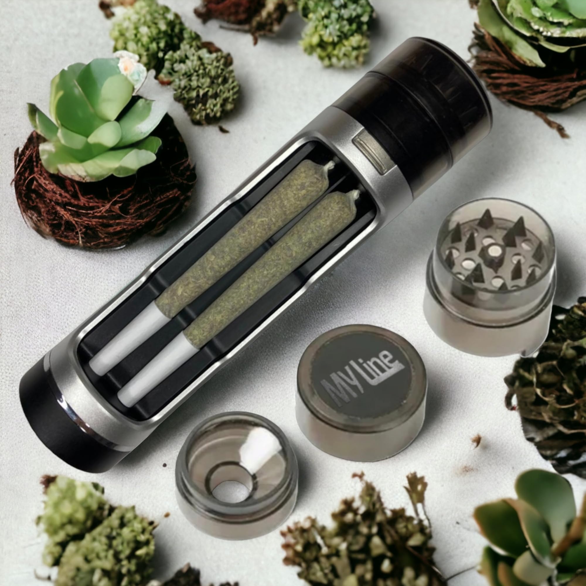 My Line Grinder mit geruchsneutraler Joint Aufbewahrung - Crusher für Kräuter,Tabak,Gewürz - Kräutermühle mit Joint Befüllung - Joint Zubehör- inklusive Reinigungsset (Silber)