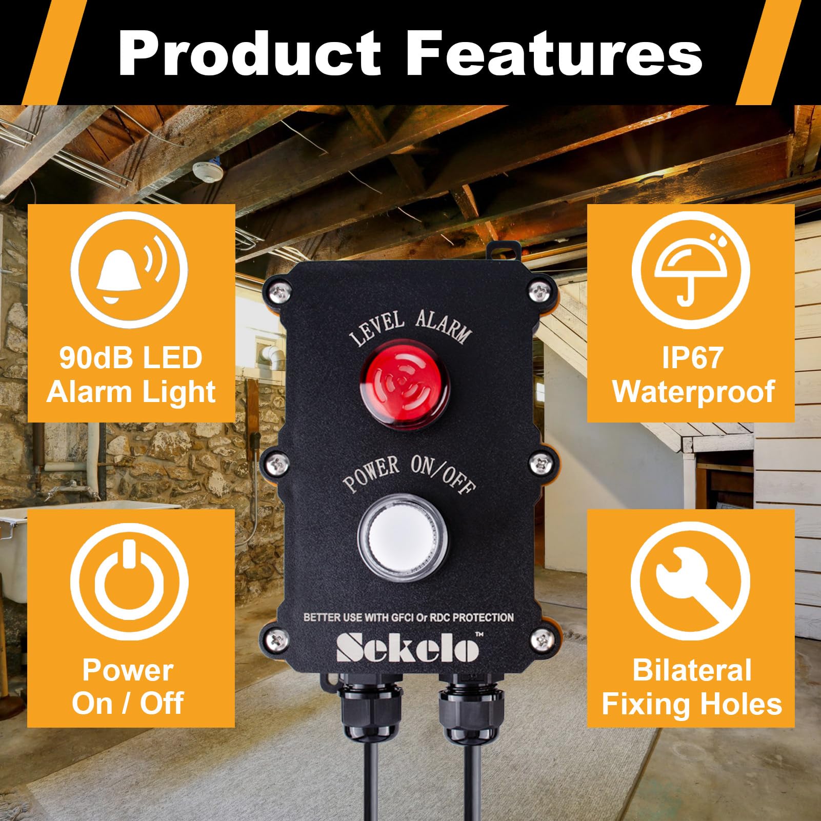 Sekelo - Alarma de Bomba de sumidero, Alarma de Agua Alta con Interruptor de Flotador de Nivel de 10 pies, Alarma Fuerte de 90 dB e indicador LED de Encendido/Apagado, IP67 para Uso en Interiores y