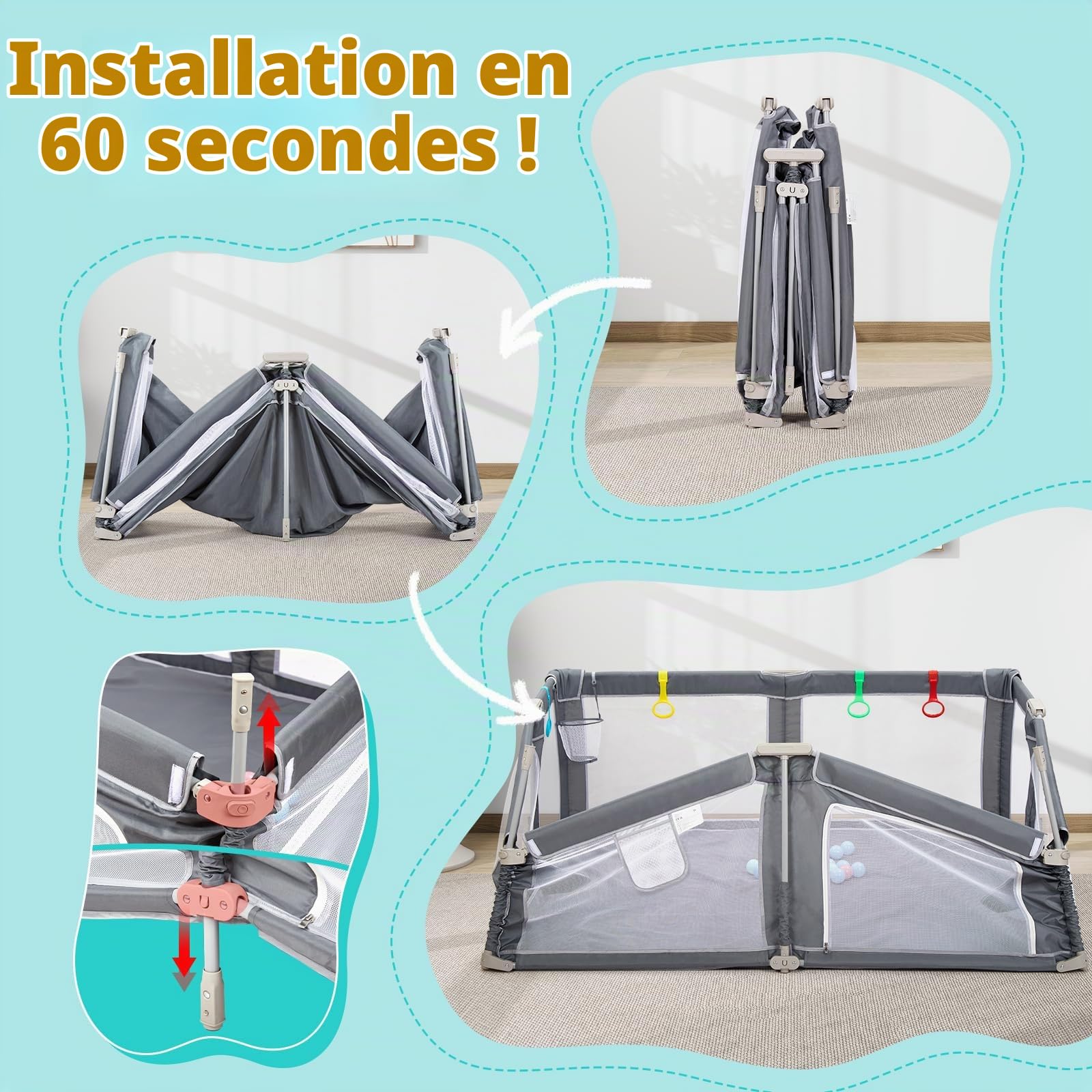 CHOLY Parc pliable pour bébé 180 x 150 cm avec tapis, parc pour bébés et tout-petits, aire de jeux portable avec balles océaniques et 4 poignées, clôture pour enfants à montage rapide avec sac de