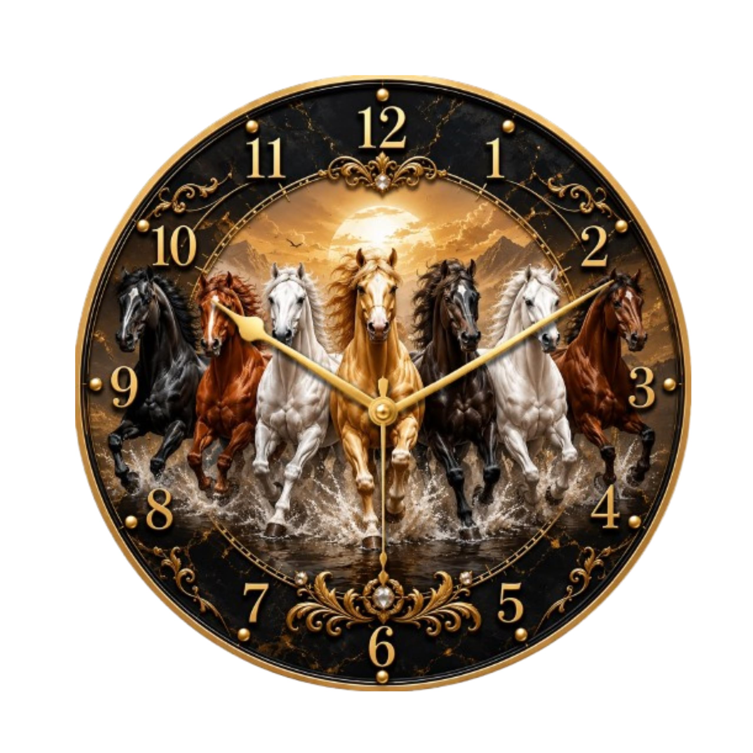 Seven Running Horses Wall Clock, Round, 30.48 cm | Gold Hands, Black Marble Finish, Home Decor, Vastu Design, Living Room-image-15