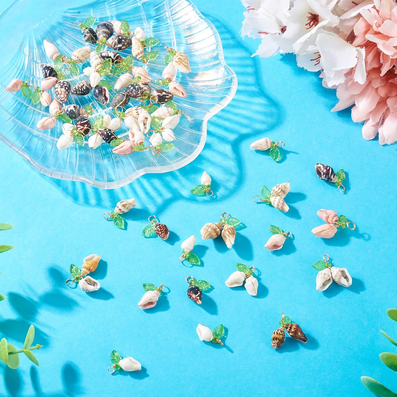 Pandahall 48Pcs Green Acrylic Leaf Beads Charms with Natural Shell Pendants 8 Styles Sea Shells Dangle for Jewelry Making DIY Crafts Earring Bracelet Necklace - Image 6