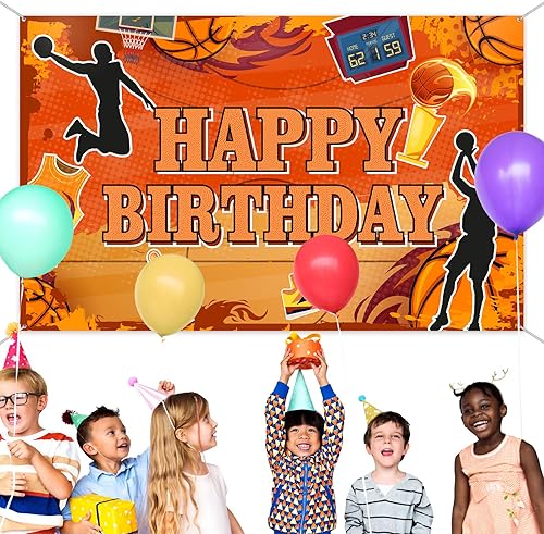 Miniatura 5 de Boao Cartel de fondo de baloncesto con texto en inglés «Happy Birthday» para niños, decoración de fiesta temática deportiva, suministros de fondo