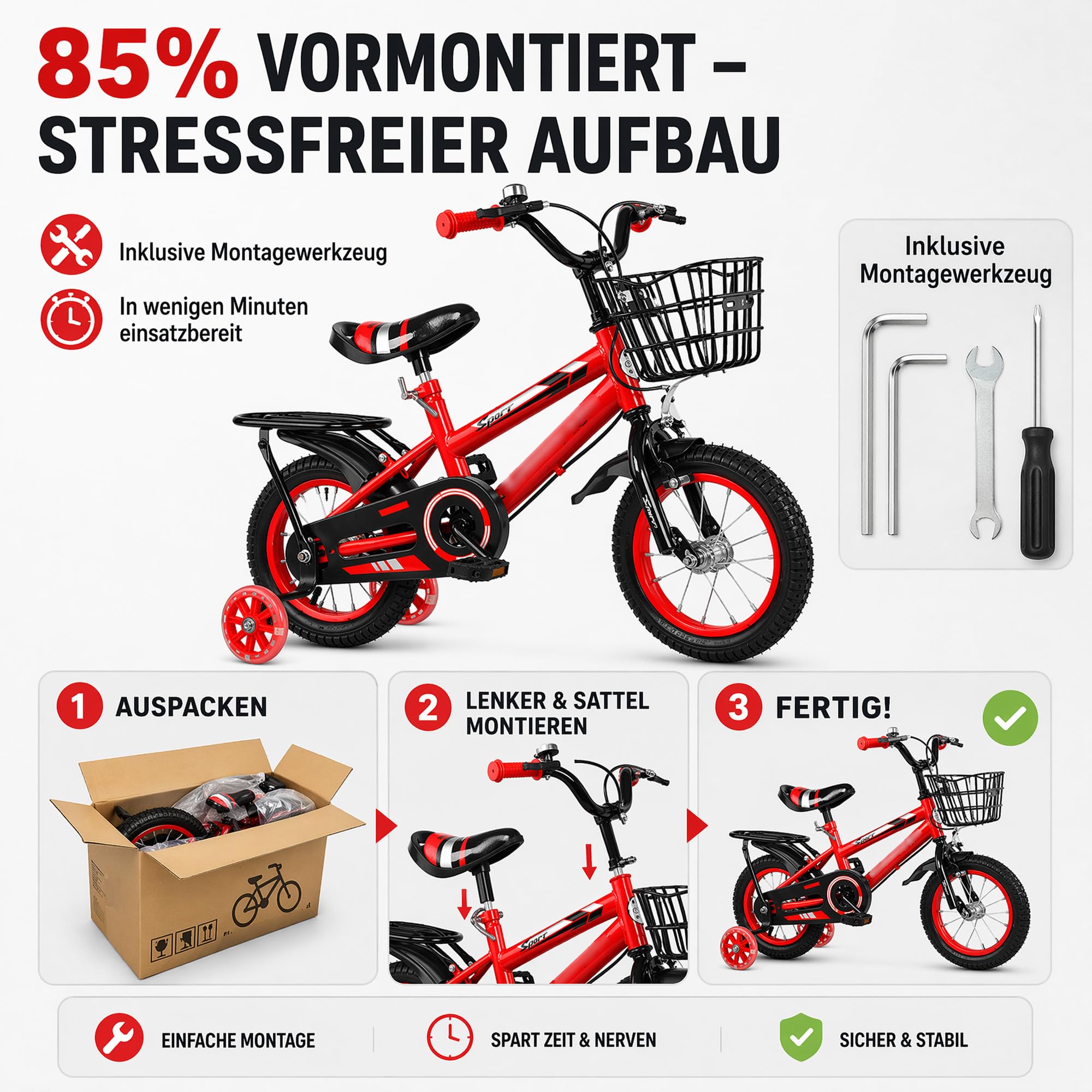 14 Zoll Kinderfahrrad ab 3 Jahre mit Stützrädern & Rücktritt | Höhenverstellbar, inkl. Korb & Kettenschutz für Mädchen und Jungen Fahrrad für Schulung Outdoor