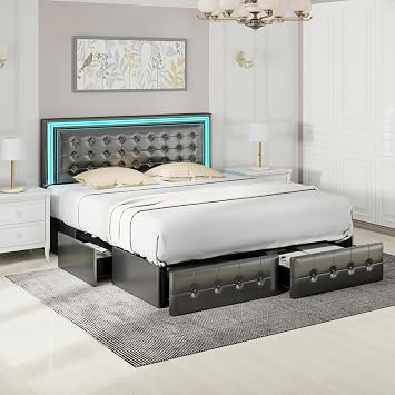 King Size Led Bed Frame with 4 Storage Drawers, Smart Control RGB LED Lights on Headboard, with Remote Control, Upholstered Adjustable Headbaord, Velvet