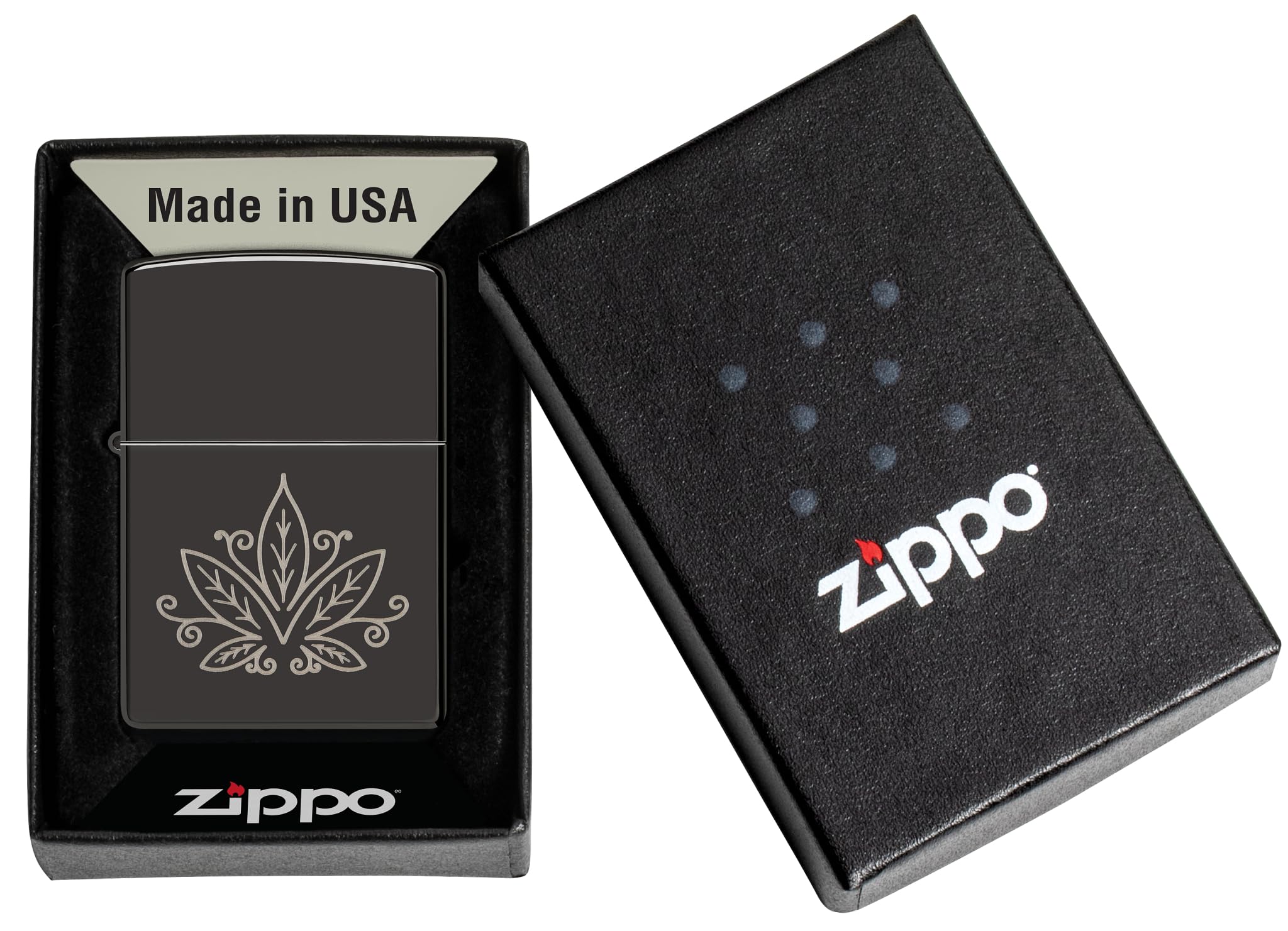 Zippo Cannabis Zapalniczka Sztormowa, Grawerowanie Laserowe, do Napełniania, Wielokrotnego Użytku, Wiatroodporna Konstrukcja, Wykonano w USA, Czarny z optymalnym Połyskiem