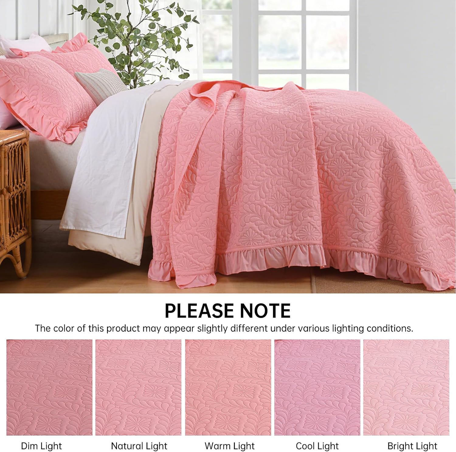 DJY Pink Queen Size Quilt Set, 3 Pieces Ruffled Quilt Bedding Set Bedspreads - Lightweight Bedspreads & Coverlets Bedding Cover All Season Use Bed Decor - Image 6