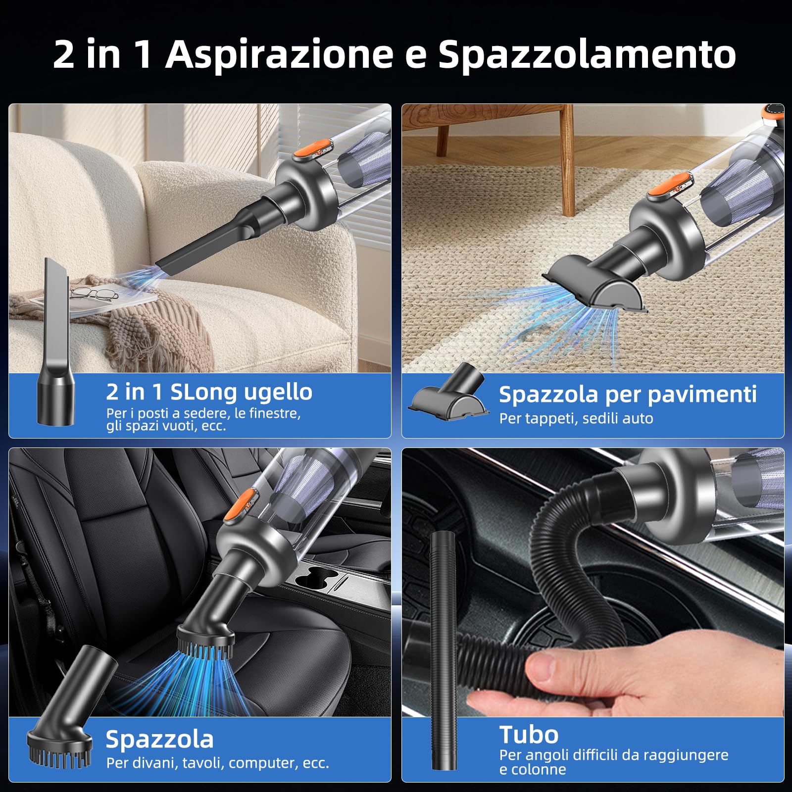Aspirapolvere Senza Fili, 26000Pa 4-in-1 Aspirapolvere Auto Potente, Scarico Polvere One-touch, Motore Brushless, display HD e Illuminazione, Aspirapolvere Portatile per Casa/Ufficio/Auto, Arancione