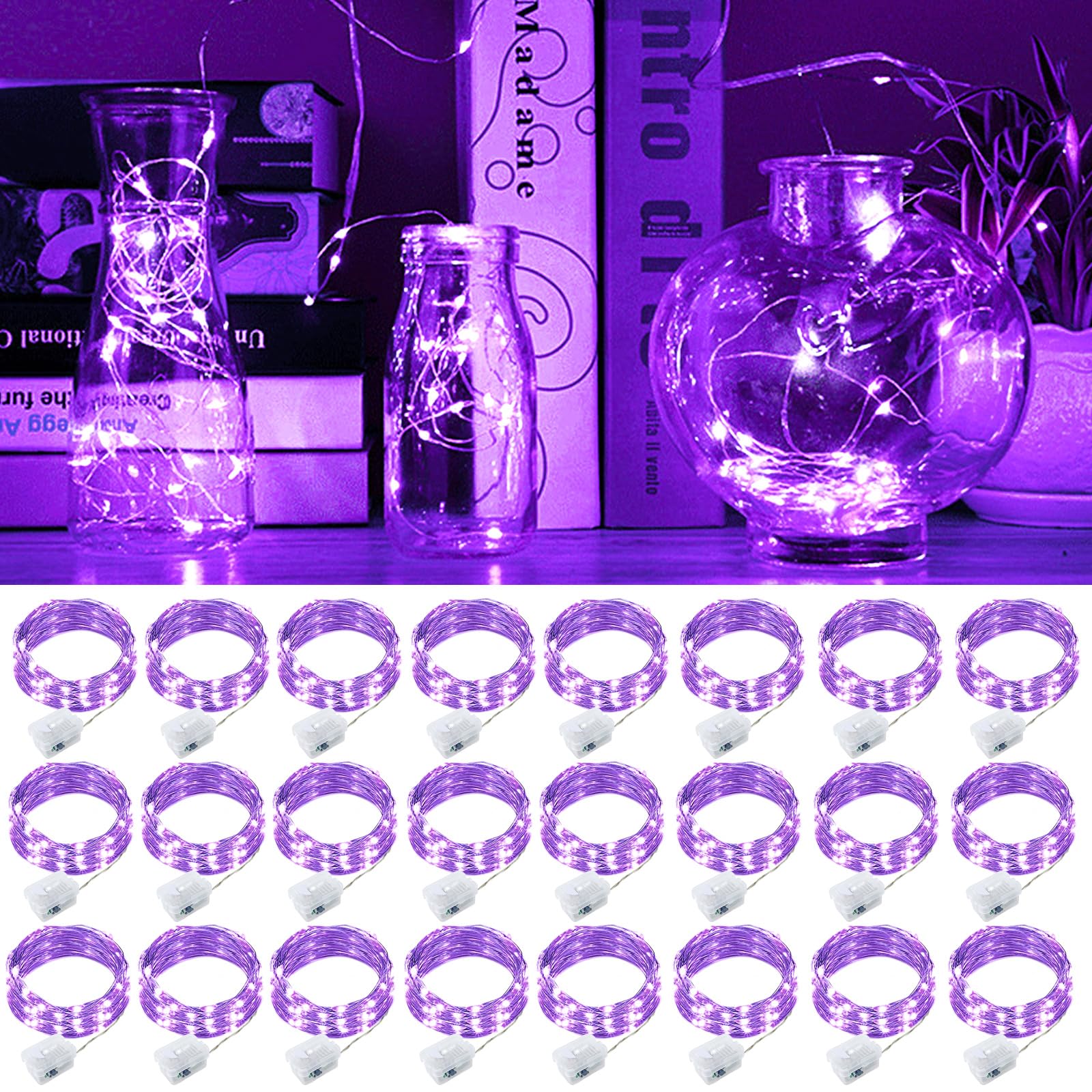pozzolanas 24 Pack Purple Fairy Lights Battery Operated 3 Modes 7FT 20 LED Waterproof String Lights Twinkle Silver Wire for Mason Jars Wedding