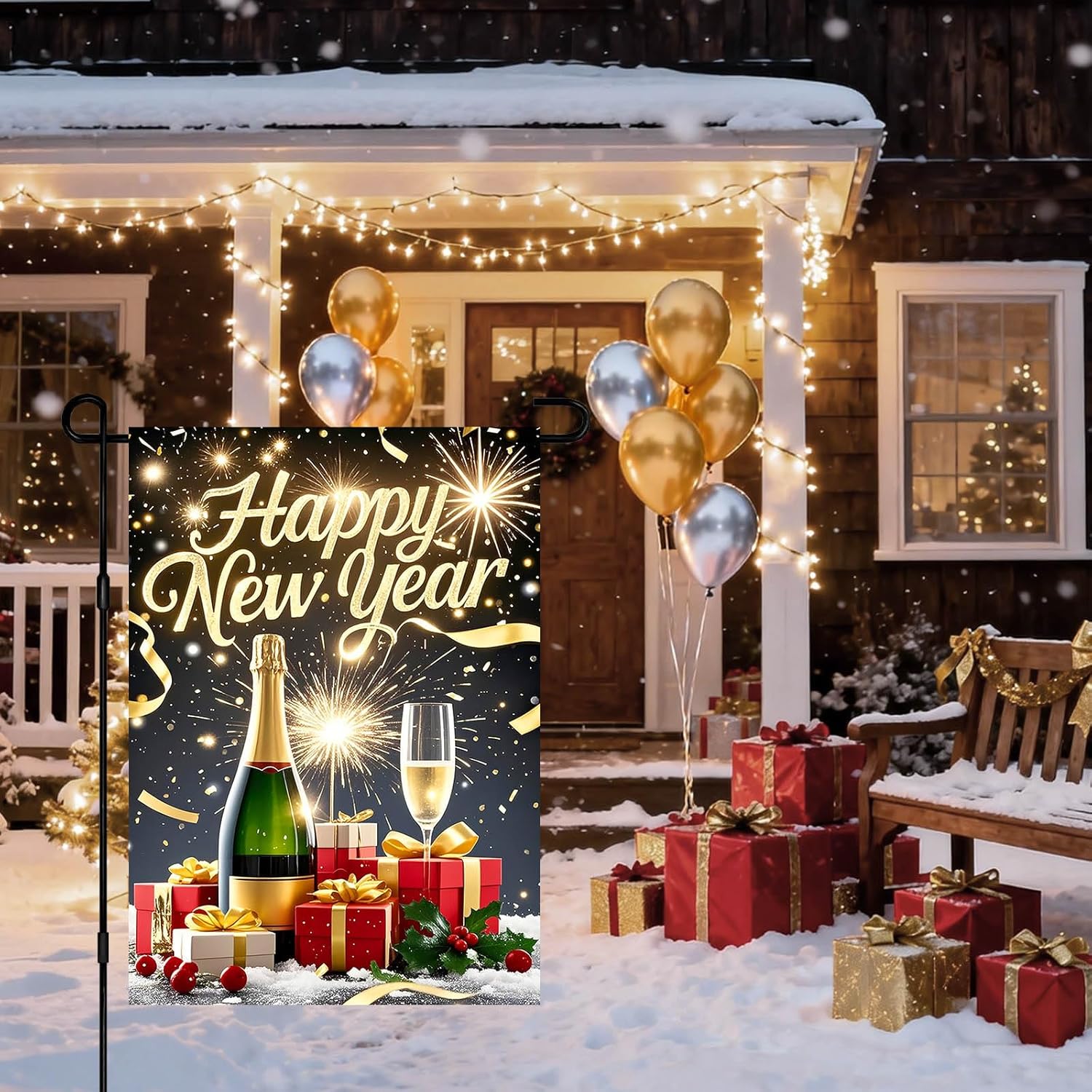 IVN New Year Garden Flag 12x18 Inch Double Sided Happy New Year Celebration Scene with Presents Glowing Festive Background Outdoor Yard Flag for Outside Home Front Door Lawn Porch Patio Welcome Decor - Image 2