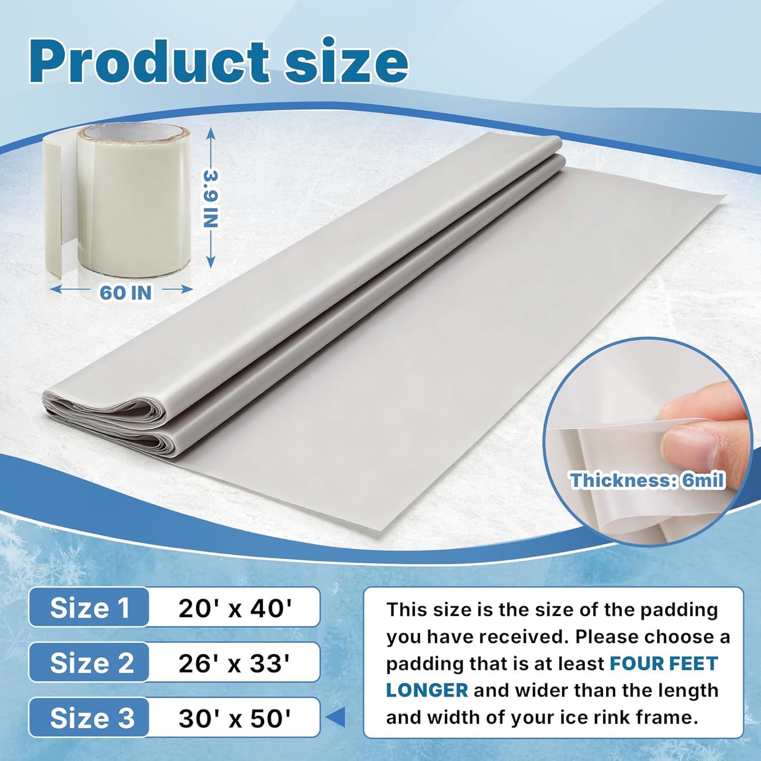 Plasti Ice Rink Liner for Backyard Ice Rink Kit Liner - 6 Mil Grey HDPE Plastic Sheeting Hockey Rink Liner with a Waterproof Repair Patch Tape, Backyard Rink Tarp