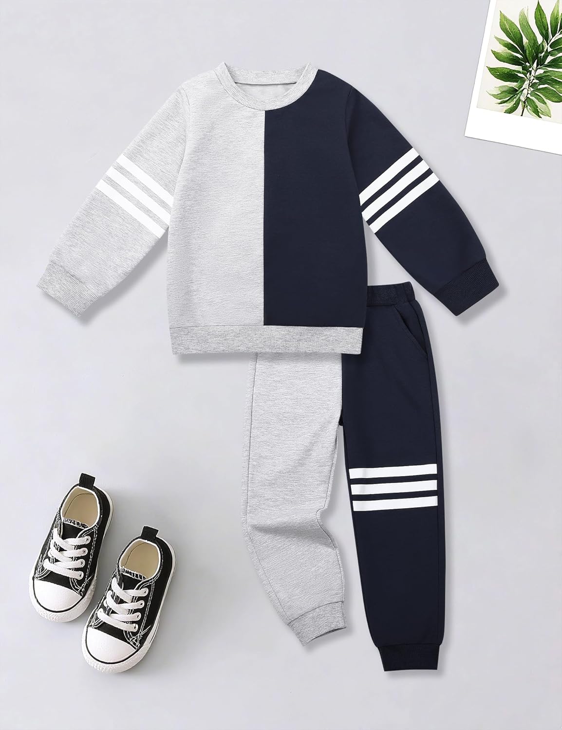 Toddler Boy Sweatsuit Stripe Long Sleeve Pull On Clothes Two Tone Tops and Pants Fall Winter Set 18-24 M(Dark Blue&Grey) - Image 8