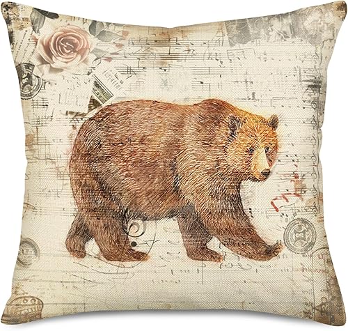 Fundas de almohada vintage retro con oso de animal, de algodón, lino, cuadradas, decorativas, para el hogar, decoración de granja, fundas de cojín