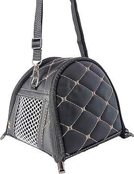Foldable Small Animal Carrier with Detachable Strap Breathable Outgoing Bag Travel Carriers for Hamster, Chinchilla, Ferret, Rat, Sugar Glider and Hedgehog Black Beige-Leather