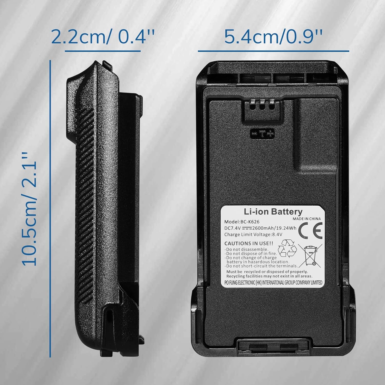 Diagram showing the dimensions of the BAOFENG BC-K626 battery: 10.5cm/2.1 inches length, 2.2cm/0.4 inches thickness, 5.4cm/0.9 inches width.