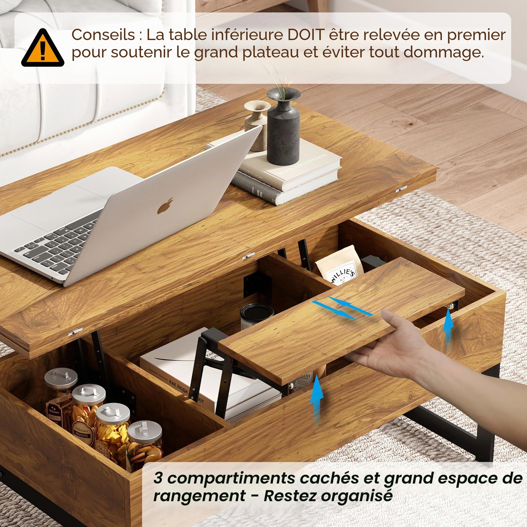 Manora Table basse multifonction convertible en table de salle à manger ou poste de travail pour salon, bureau à domicile, design compact avec rangement caché, marron