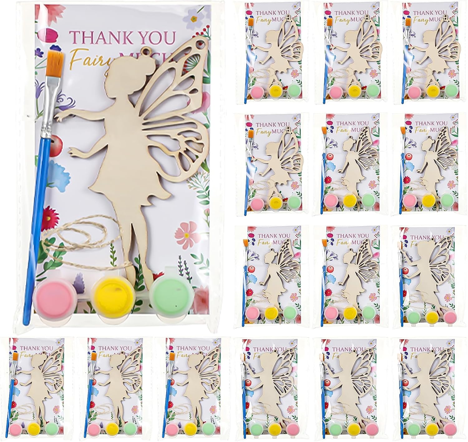 16 Pcs Pre-Packaged Fairy Party Favors DIY Wooden Painting Crafts 4 Styles Woodchips Cutouts Craft Kits with Cards for Fairytale Fairy Garden Birthday Party Gifts Prizes Supplies