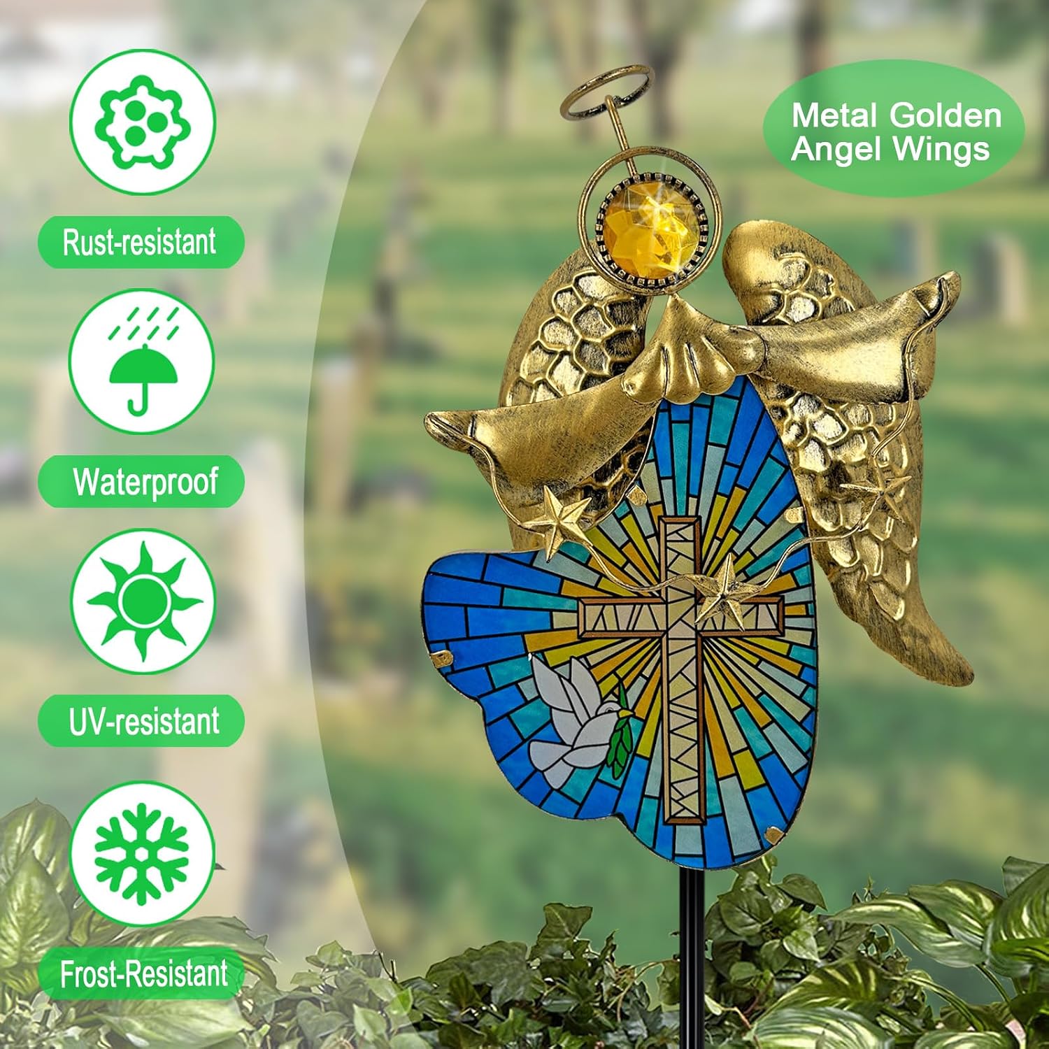 Metal Angel Solar Cross Outdoor Garden Stake for Cemetery Grave Decoraitons image 2