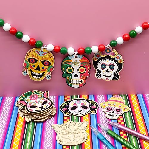 Miniatura 4 de 48 juegos de manualidades de calavera del Día de los Muertos, adornos de madera sin terminar con calavera de azúcar para hacer tu propia fiesta