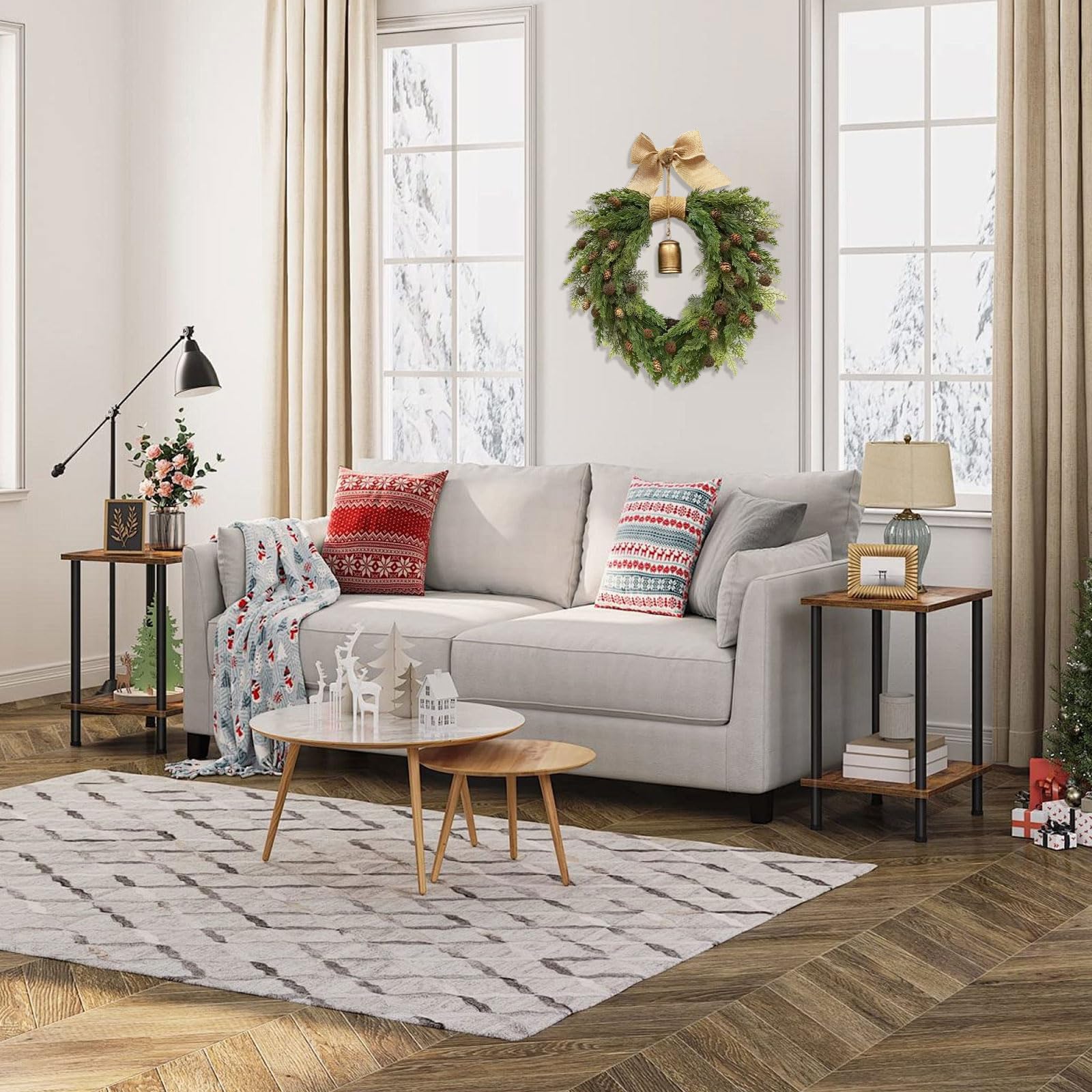 Adventskranz Künstlich, mit Tannenzapfen, Juteschleife und Metallglocke, Türkranz Weihnachten für Haus, Veranda und Fenster(3PCS)