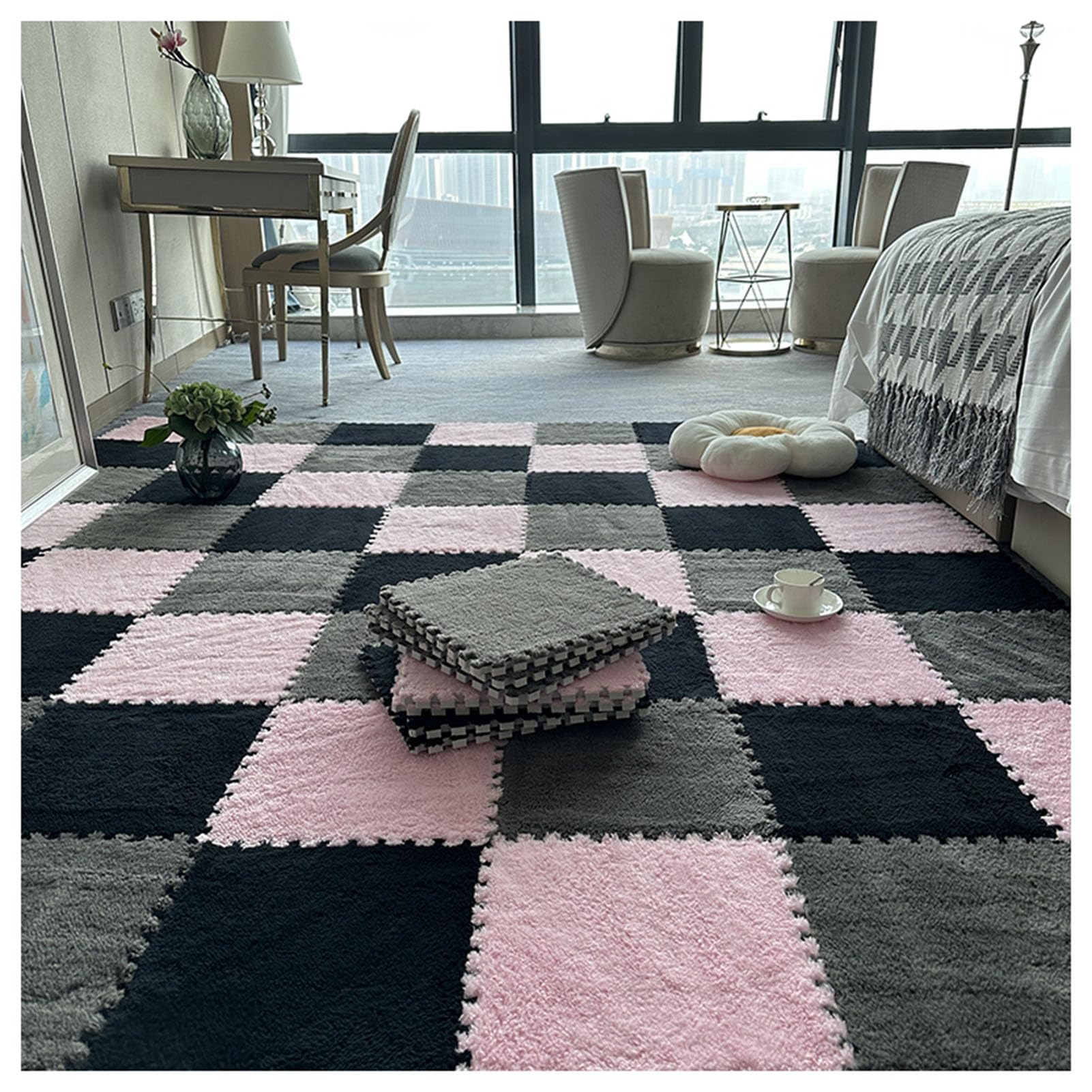 Mata do układania puzzli Piankowa mata podłogowa z puzzlami, blokujące maty do zabawy 30x30 cm, wielokolorowe, opakowanie 32 szt(Grey+black+pink)