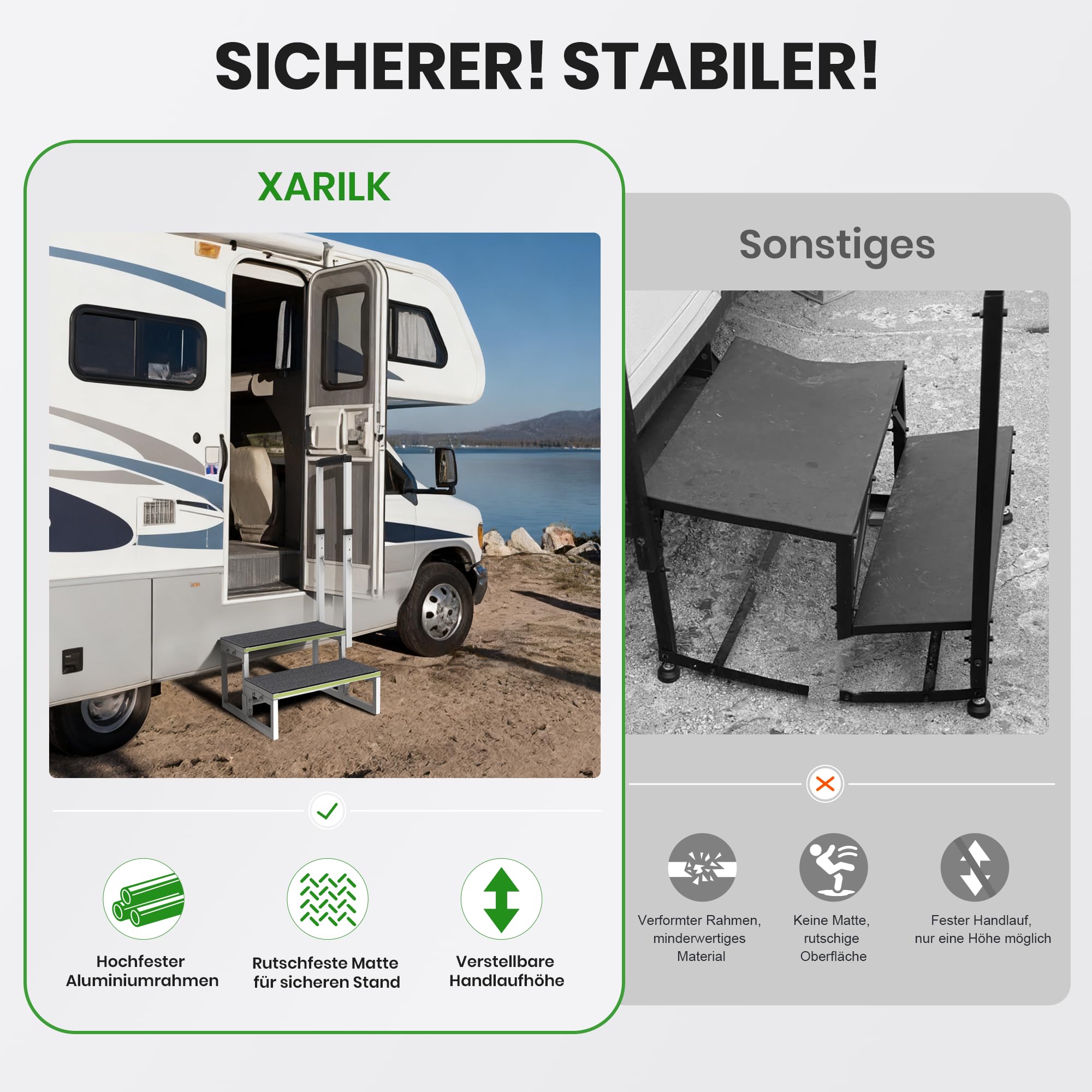 Trittleiter 2 Stufen aus Aluminium, verstellbarer Handlauf beidseitig, extra rutschfeste Trittflächen, 250 kg Tragfähigkeit – ideal für Wohnmobile, Küche & Haushalt