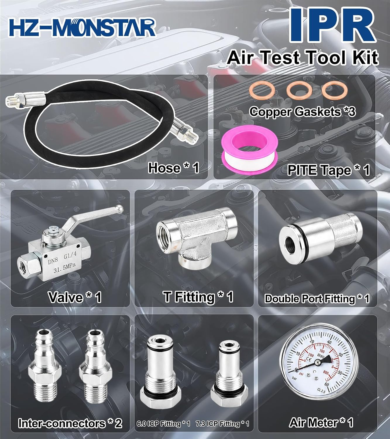 High Pressure Oil System IPR Air Test Tool Special Kit Compatible with Ford 6.0L-7.3L Powerstroke Diesel, High Pressure Oil System IPR Valve Air Test Fitting with Gauge Air Meter