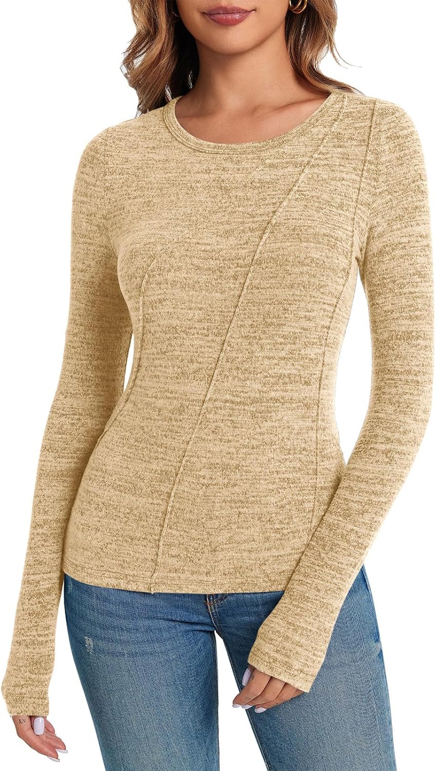 BZB Womens Long Sleeve T Shirts Crew Neck 2024 Fall Trendy Solid Basic Tee Slim Fit Tops