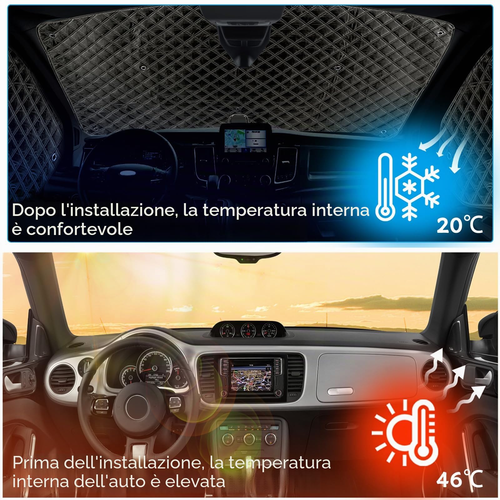 Coprifari interni termici per Fiat Ducato X250/290 e Peugeot Boxer 2006-2025, set di 3 tende parasole impermeabili e anti-UV pieghevoli per il parabrezza anteriore, per oscuramento interno e privacy