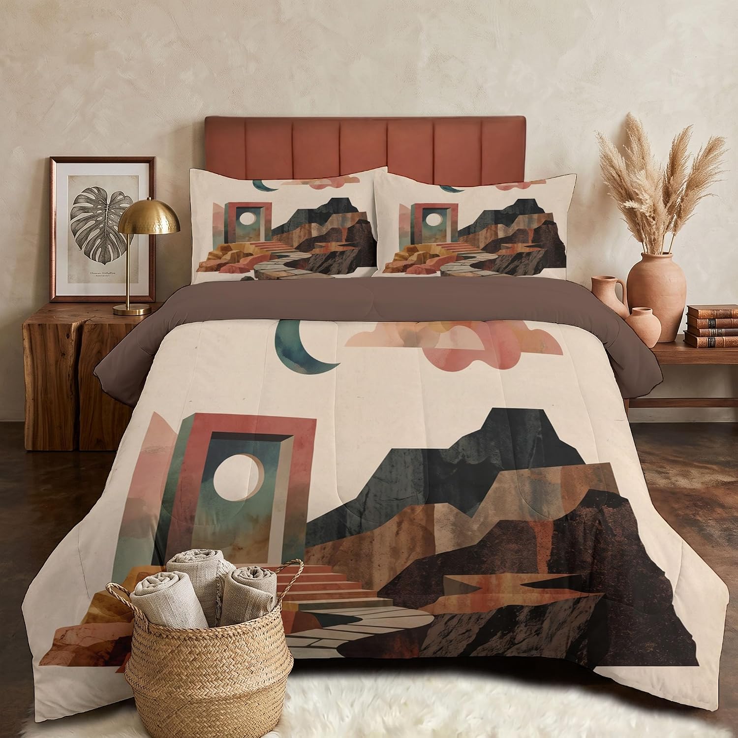 Geometric Style Quilt King Size Ocher Quilt Bedding Set | 3 Pieces Soft Lightweight Microfiber Simple Crescent-Shaped Color Blocks Bedspread Coverlet Set for All Season, 104"X90"