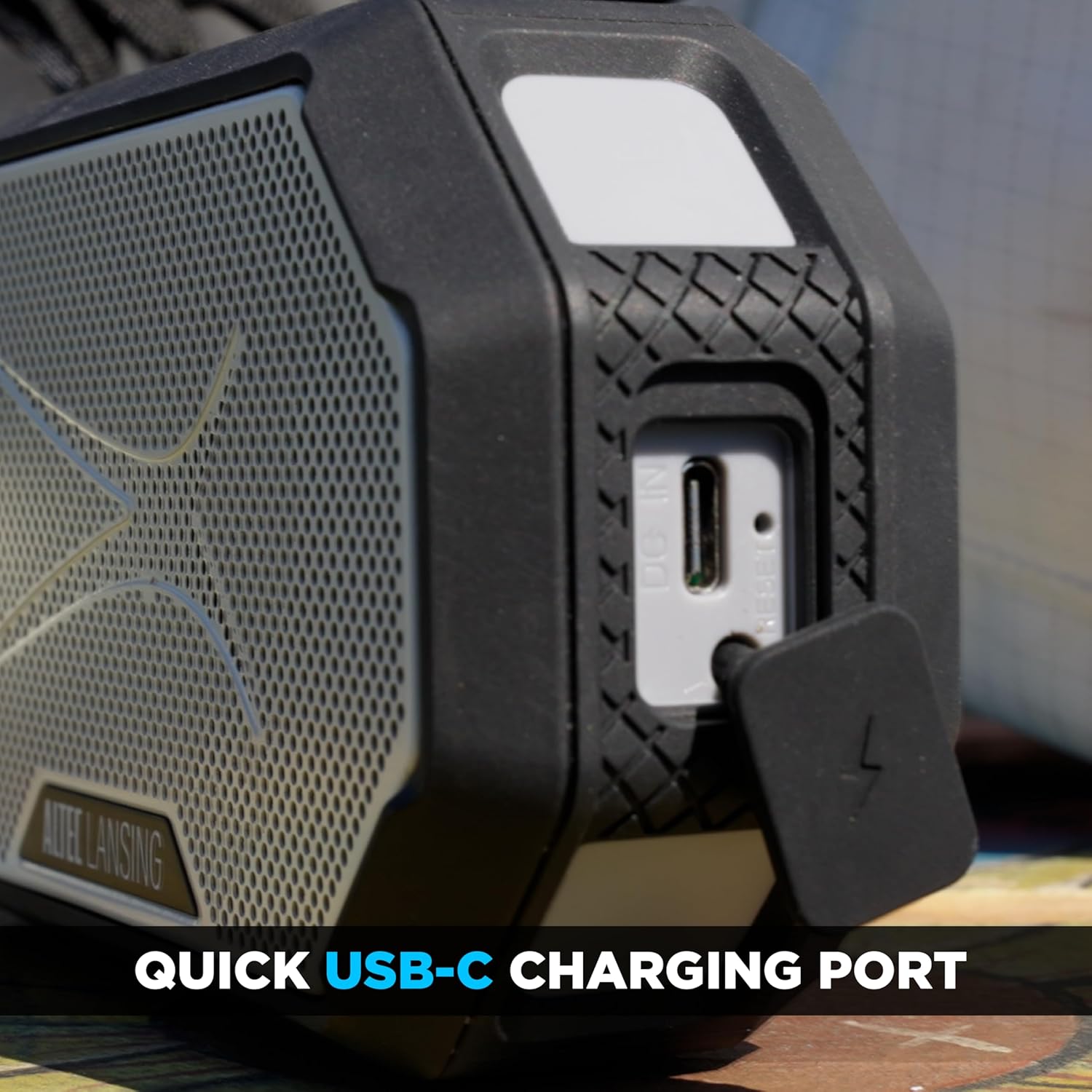 Close-up of the USB-C charging port on the Altec Lansing Hydramini 2.0 speaker