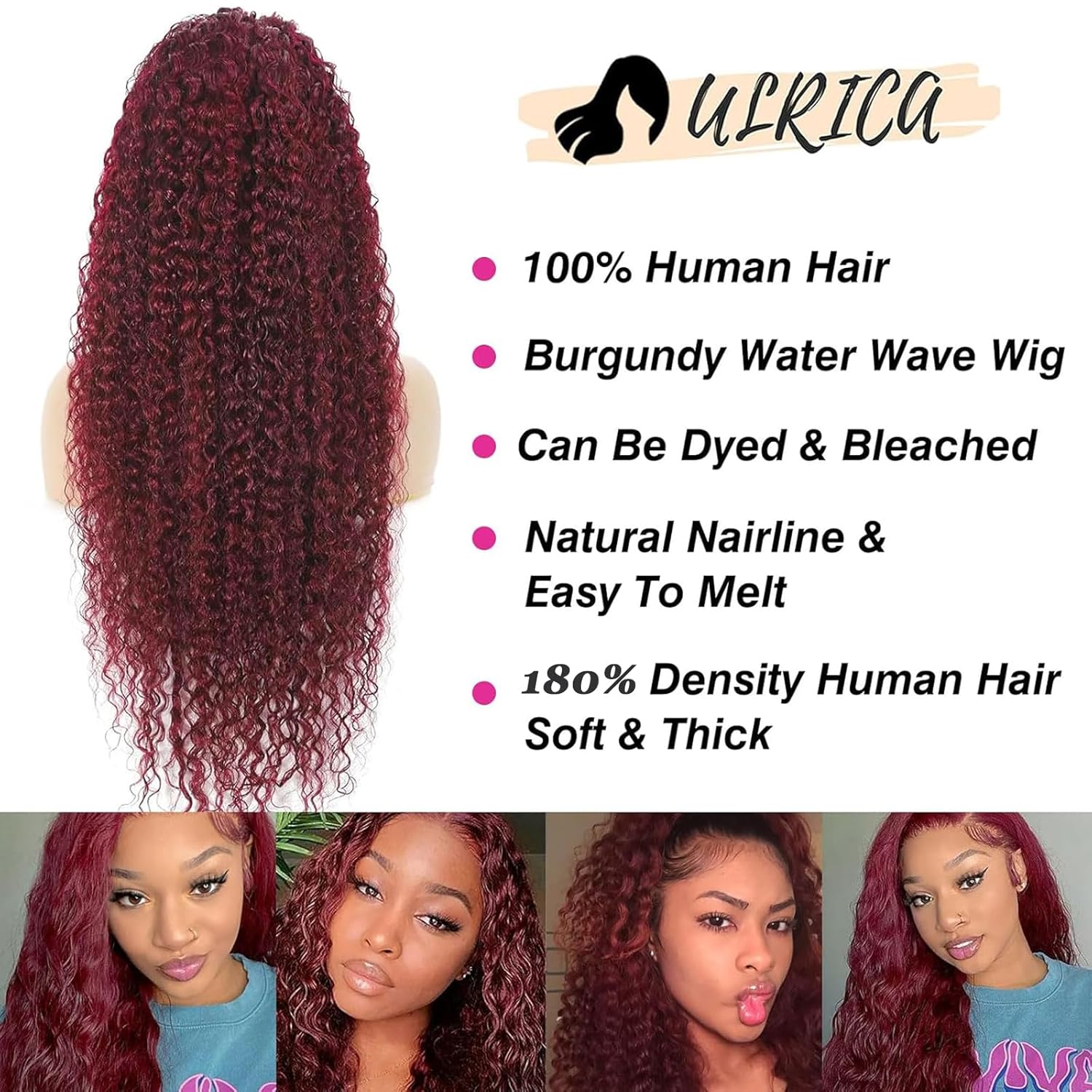 ULRICA Burgundy Wig Human Hair 13x4 Water Wave 99j Burgundy Lace Front Wigs Human Hair, HD Transparent Deep Wave Lace Frontal Wigs for Black Women Red Wig 22 Inch