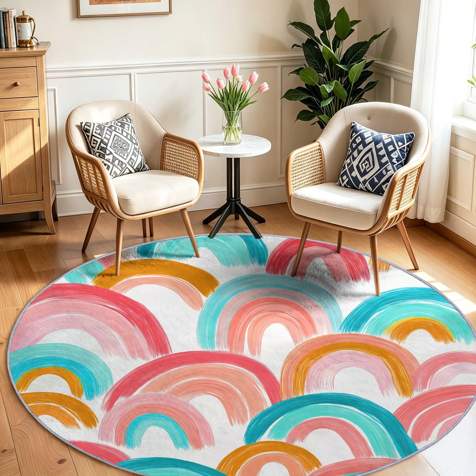 Tappeto boho, lavabile, motivo geometrico, con linee arcobaleni, rotondo, 180 cm, bianco, a pelo corto, antiscivolo, per camera da letto e camera da letto